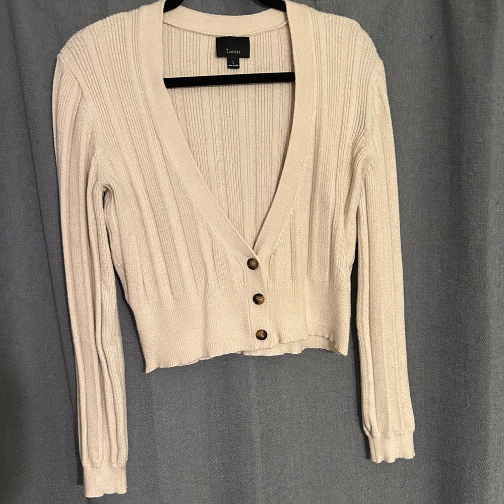 Lumiere Cream Ribbed Knit Cardigan Sweater